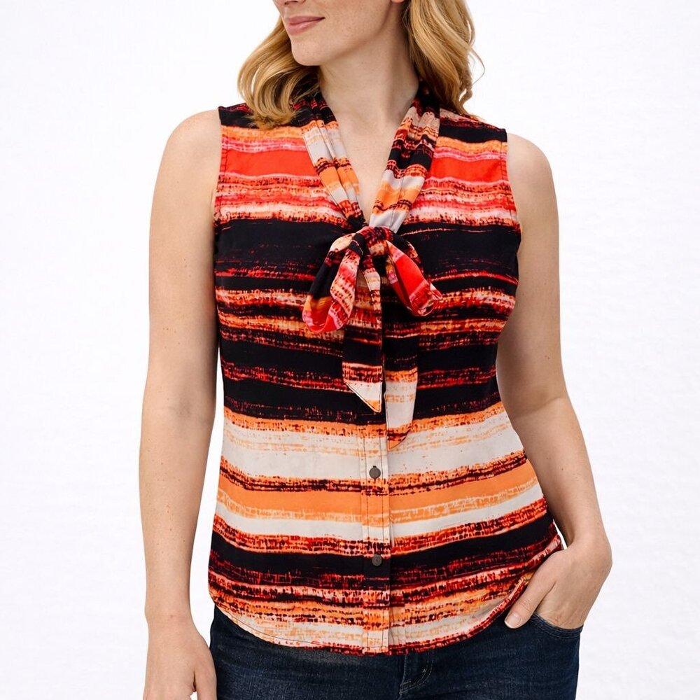 Calvin Klein Tie-Neck Sleeveless Blouse Button Top Red Black Stripe Size L